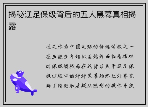 揭秘辽足保级背后的五大黑幕真相揭露