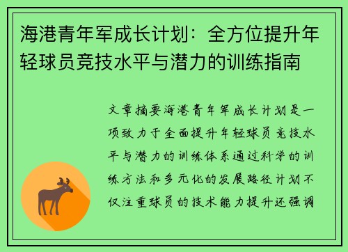 海港青年军成长计划：全方位提升年轻球员竞技水平与潜力的训练指南